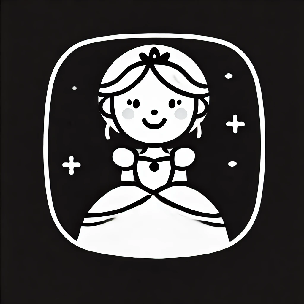 "Immagine minimalista in bianco e nero di una ragazza in costume da principessa, sorridente e elegante. Illustra il concetto di rinforzo positivo e apprezzamento nelle dinamiche 'Good Girl/Good Boy'."