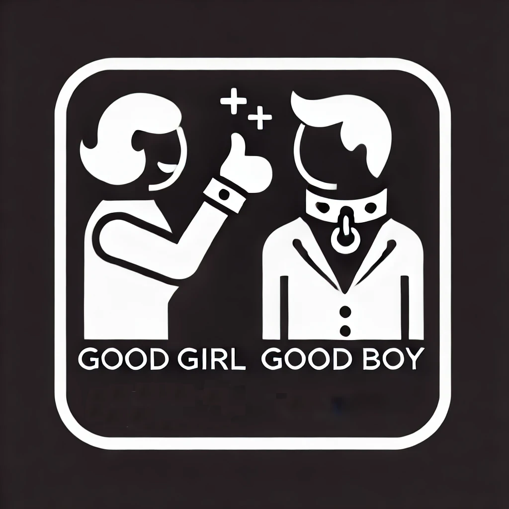 "Immagine minimalista in bianco e nero di due figure, una delle quali fa un gesto di approvazione (pollice in su) all'altra. Rappresenta l'incoraggiamento e il rinforzo positivo nelle relazioni 'Good Girl/Good Boy'."